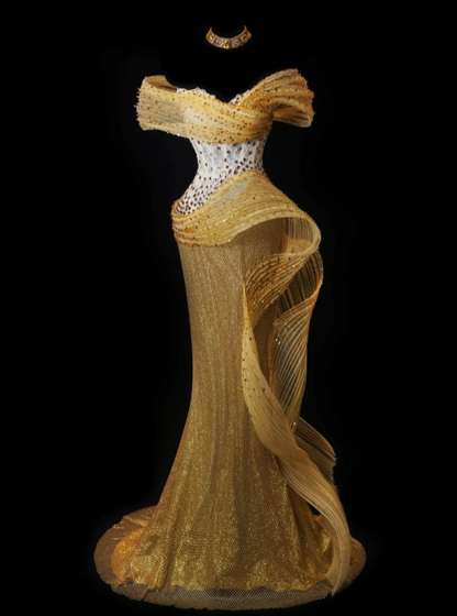 Chic Yellow Sheath Long Prom Dresses Beaded Tulle Off-shoulder Evening Dresses Sleeveless Birthday Dresses ED05787