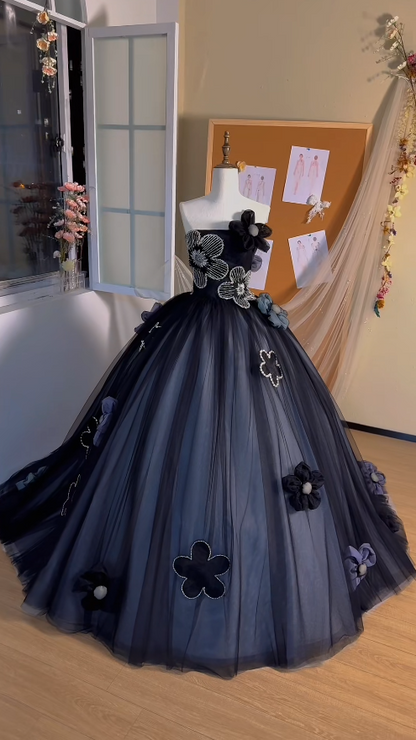 Cute Dark Gray Ball Gown Long Prom Dresses Tulle Appliques Strapless Evening Dresses Sleeveless Sweetheart 16 Dresses ED05796