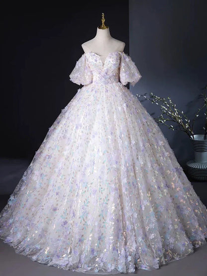 A-Line Sweetheart Neck Tulle Lace Light Purple Long Prom Dress ED057