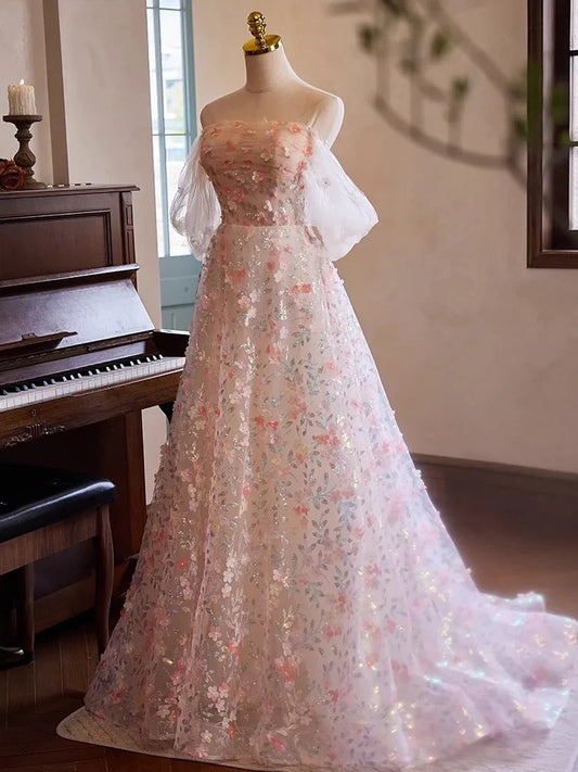 A-Line Off Shoulder Lace Tulle Pink Long Prom Dress, Pink Long Evening Dress ED058