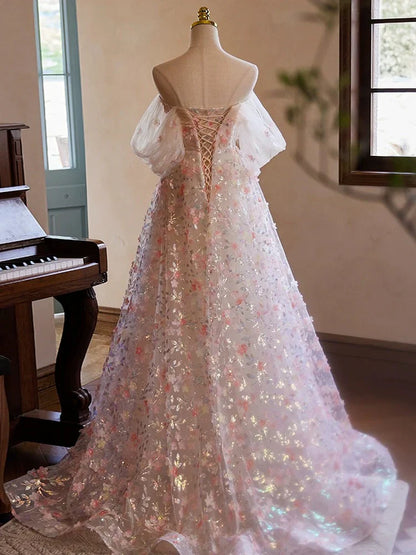Off Shoulder Lace Tulle Pink Long Prom Dress, Pink Long Evening Dress HZ1024