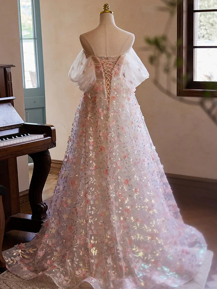 A-Line Off Shoulder Lace Tulle Pink Long Prom Dress, Pink Long Evening Dress ED058