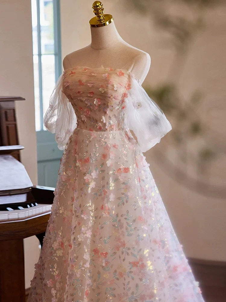 A-Line Off Shoulder Lace Tulle Pink Long Prom Dress, Pink Long Evening Dress ED058