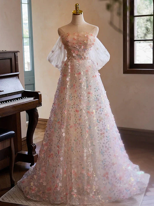 Off Shoulder Lace Tulle Pink Long Prom Dress, Pink Long Evening Dress HZ1024