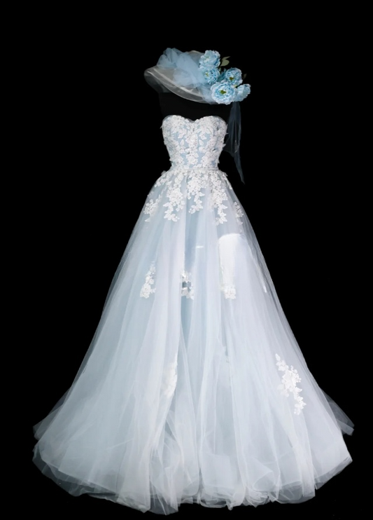 Chic Pale Blue A-Line Long Prom Dresses Appliques Tulle Strapless Evening Dresses Sleeveless Birthday Dresses ED05800