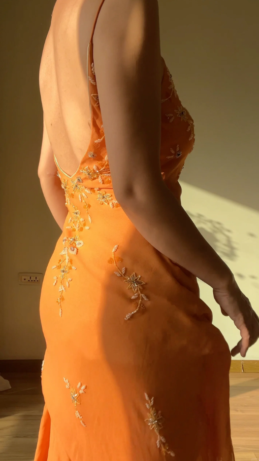 Elegant Orange Sheath Long Prom Dresses Beaded Chiffon Spaghetti Straps Evening Gowns Sleeveless Formal  Dresses ED05810