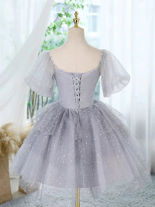 Tulle Lace Gray Short Prom Dress, Cute Gray Homecoming Dress HZ1024