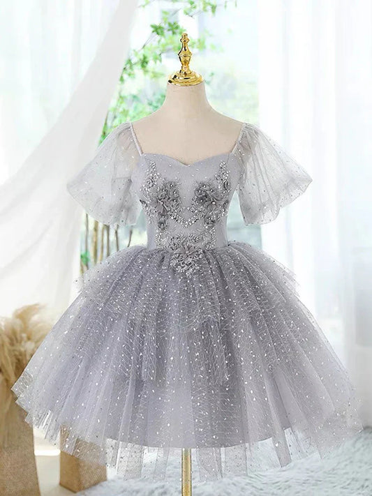 Tulle Lace Gray Short Prom Dress, Cute Gray Homecoming Dress HZ1024