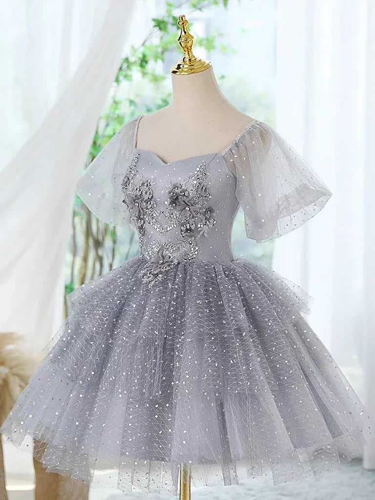 Tulle Lace Gray Short Prom Dress, Cute Gray Homecoming Dress HZ1024