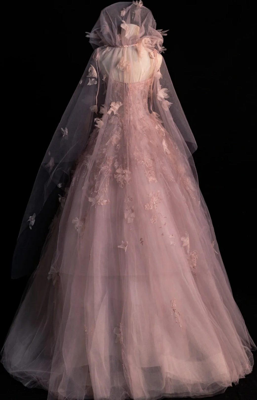Fairy Pink A-Line Long Prom Dresses Applique Tulle Spaghetti Straps Evening Dresses Sleeveless Birthday Dresses ED05834