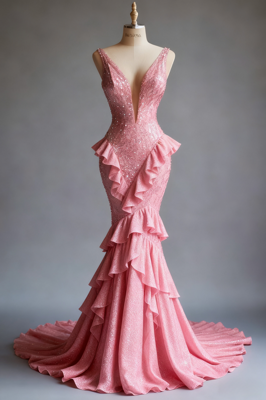Fairy Pink Mermaid Long Prom Dresses Sequins  V-neck Evening Dresses Sleeveless Formal Dresses ED05836