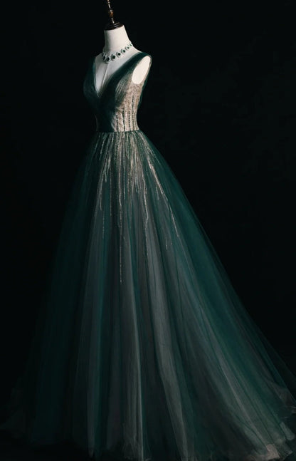 Fairy Green A-Line Long Prom Dresses Sequins Tulle V-neck Evening Dresses Sleeveless Formal Dresses ED05838