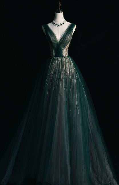 Fairy Green A-Line Long Prom Dresses Sequins Tulle V-neck Evening Dresses Sleeveless Formal Dresses ED05838