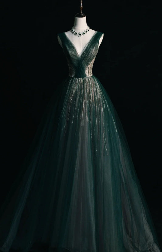 Fairy Green A-Line Long Prom Dresses Sequins Tulle V-neck Evening Dresses Sleeveless Formal Dresses ED05838