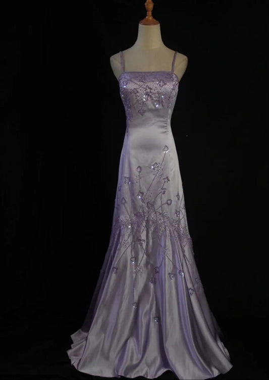 Vintage Purple Sheath Long Prom Dresses Beaded Satin Spaghetti Straps Evening Dressses Backless Birthday Dresses ED05841