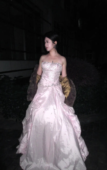 Chic Pink Sheath Long Prom Dresses Beaded Satin Strapless Evening Dressses Sleeveless Birthday Dresses ED05843