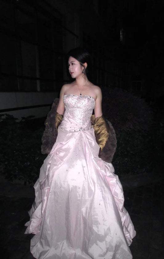 Chic Pink Sheath Long Prom Dresses Beaded Satin Strapless Evening Dressses Sleeveless Birthday Dresses ED05843