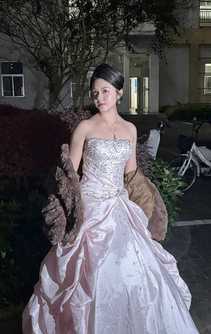 Chic Pink Sheath Long Prom Dresses Beaded Satin Strapless Evening Dressses Sleeveless Birthday Dresses ED05843