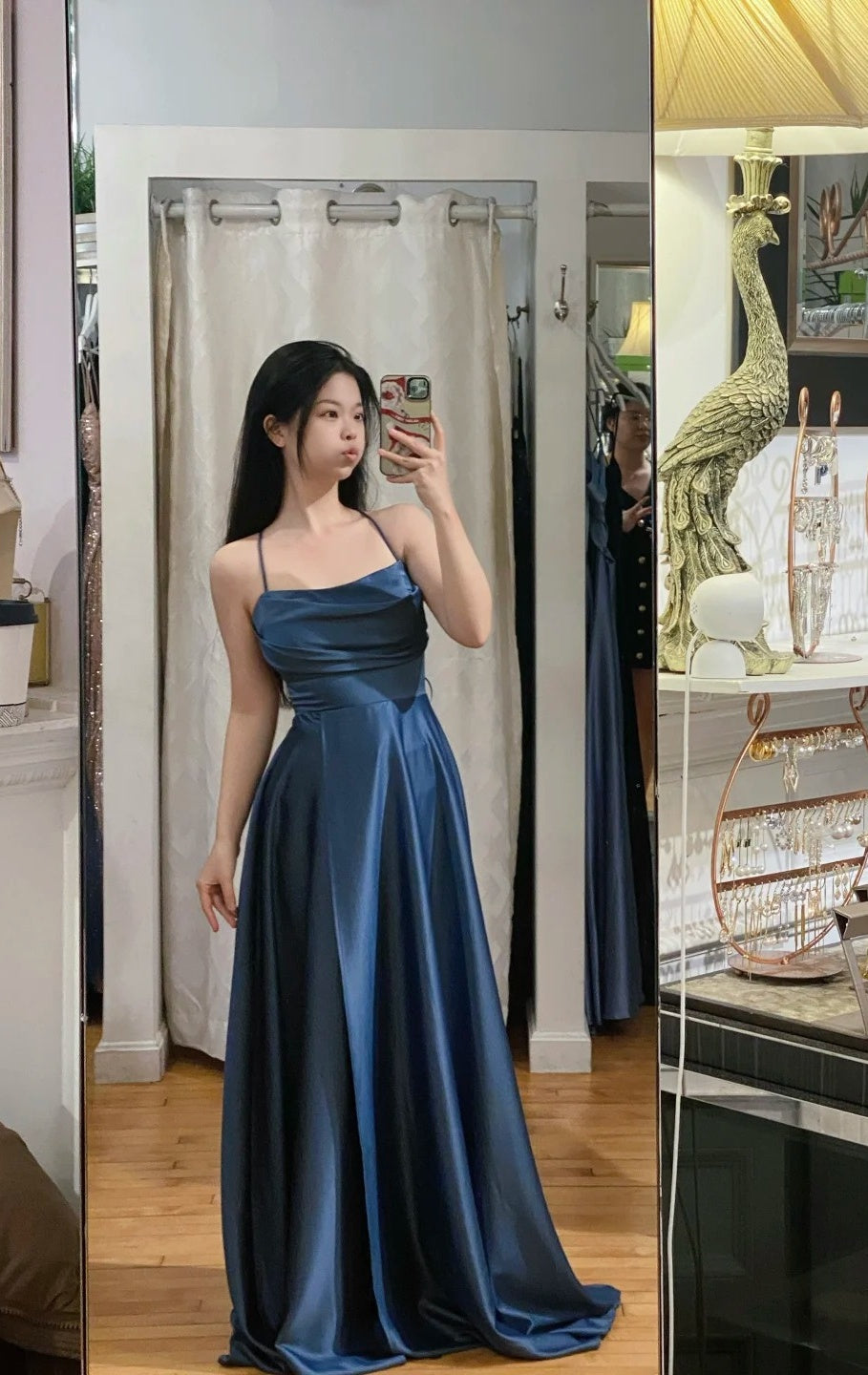 Chic Navy Blue A-Line Long Prom Dresses Satin Sapghetti Straps Bridesmaid Dresses ED05846
