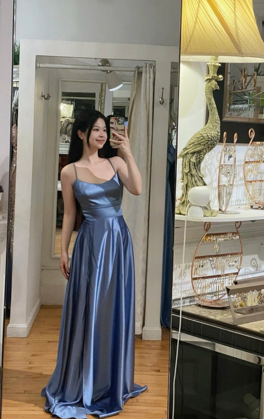 Chic Gray Blue A-Line Long Prom Dresses Satin Sapghetti Straps Bridesmaid Dresses ED05847