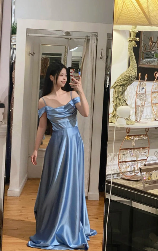 Chic  Blue A-Line Long Prom Dresses Satin Sapghetti Straps Bridesmaid Dresses ED05848
