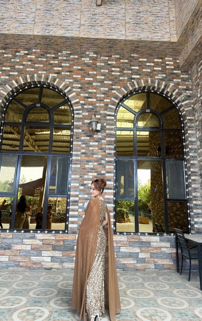 Chic Champagne Mermaid Long Prom Dresses Sequins Asymmetrical Necklines Wedding Guest Dresses ED05849
