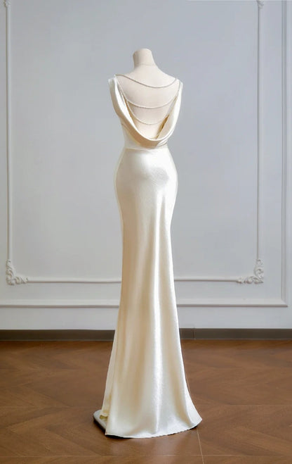 Chic Champagne Mermaid Long Prom Dresses Satin V-Neck Wedding Guest Dresses ED05850
