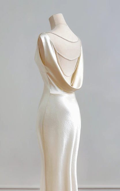 Chic Champagne Mermaid Long Prom Dresses Satin V-Neck Wedding Guest Dresses ED05850