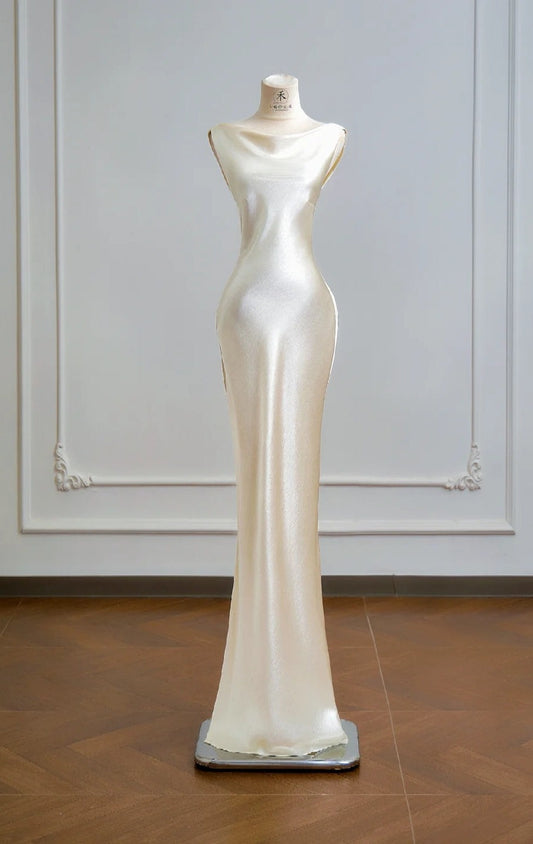 Chic Champagne Mermaid Long Prom Dresses Satin V-Neck Wedding Guest Dresses ED05850