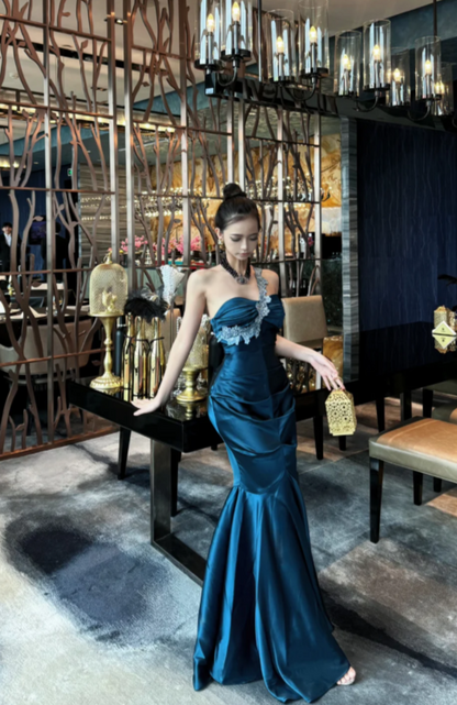 Retro Teal Mermaid Long Prom Dresses Satin One-shoulder Evening  Gowns ED05859