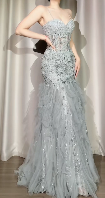 Elegant Light Gray Mermaid Long Prom Dresses Tulle Applique Spaghetti Straps Evening Dresses Sleeveless Formal Dresses ED05862