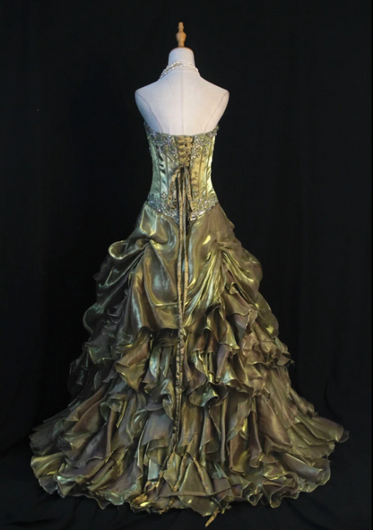 Chic Green A-Line Long Prom Dresses Satin Beaded Strapless Evening Dresses Sleeveless Formal Dresses ED05867