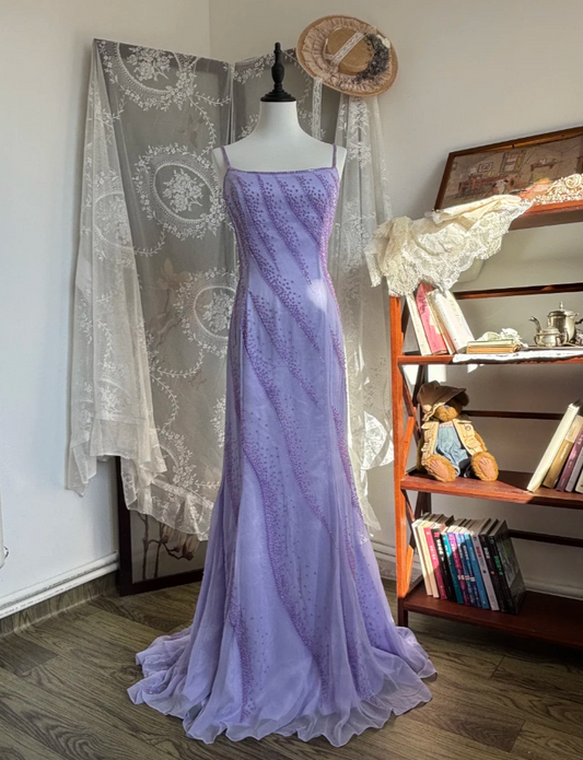 Elegant Purple Sheath Long Prom Dresses Beaded Chiffon Sapghetti Straps Evening Dresses Sleeveless Formal Dresses ED05884