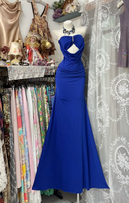 Two styles _ Vintage Royal Blue Sheath Long Prom Dresses, Chiffon Strapless Evening Dresses, and Backless Formal Dresses ED05891