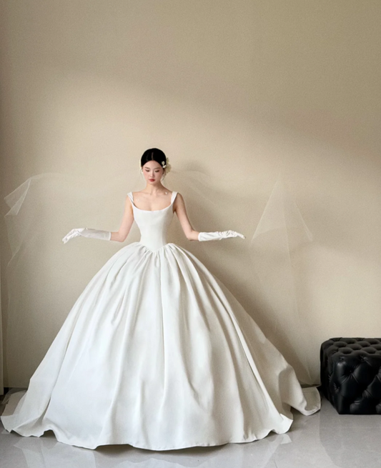 Simple Spaghetti Straps A-Line Long Wedding Dresses Satin White Bridal Dresses Sleeveless Bridal Gowns ED05901