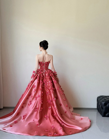 Gorgeous Red A-Line Long Prom Dresses Satin Applique Sweetheart Birthday Dresses Sleeveless Evening Dresses ED05902