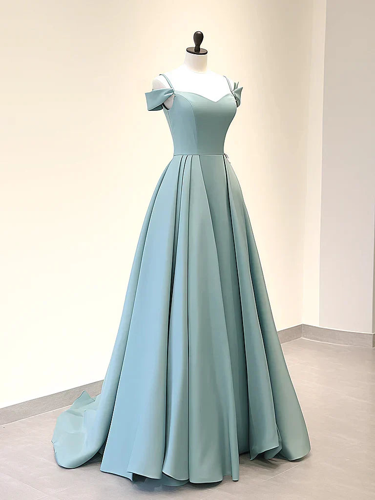 Off Shoulder Satin Blue Long Prom Dress, Blue Long Evening Dress HZ1024