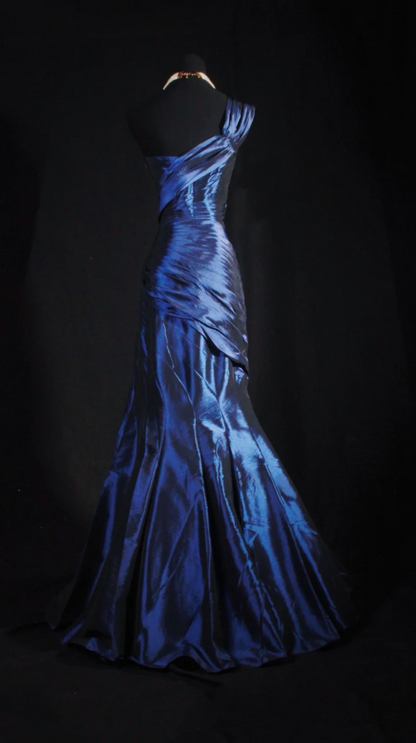 Chic Mermaid Navy Blue Long Prom Dresses Satin One-shoulder Evening Dresses Sleeveless Birthday Dresses ED05920