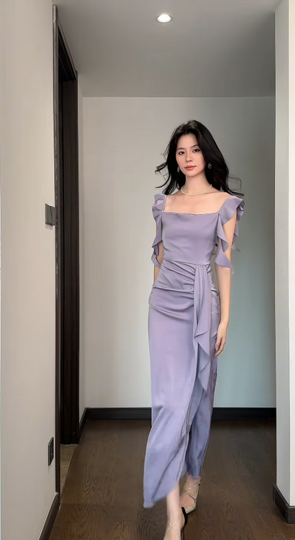 Simple Sheath Purple Wedding Guest Dresses Satin Straps Long Evening Dresses  ED05928