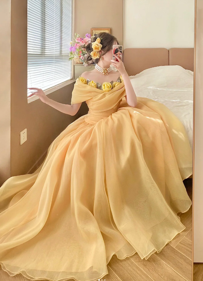 Fairy A-Line Yellow Long Prom Dresses Tulle Off-shoulder Birthday Dresses  ED05930