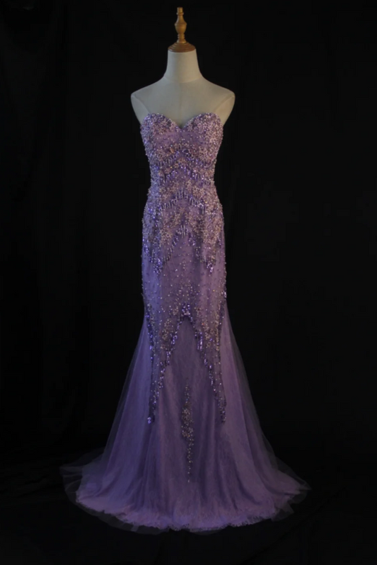 Vintage Purple Mermaid Long Prom Dress Chiffon Beaded Sweetheart Evening Dresses Sleeveless Formal Dresses ED05938
