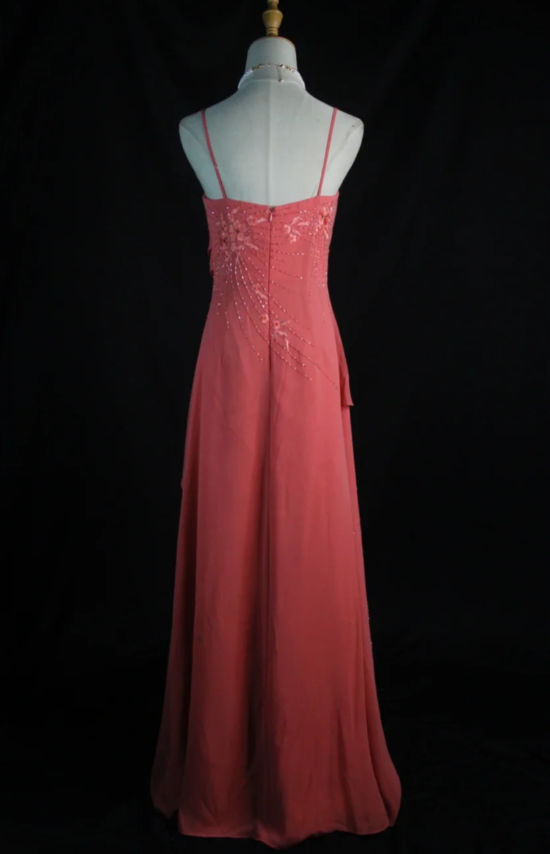 Vintage Wetermelon Sheath Long Prom Dress Chiffon Beaded Spaghetti Straps Evening Dresses Sleeveless Formal Dresses ED05939