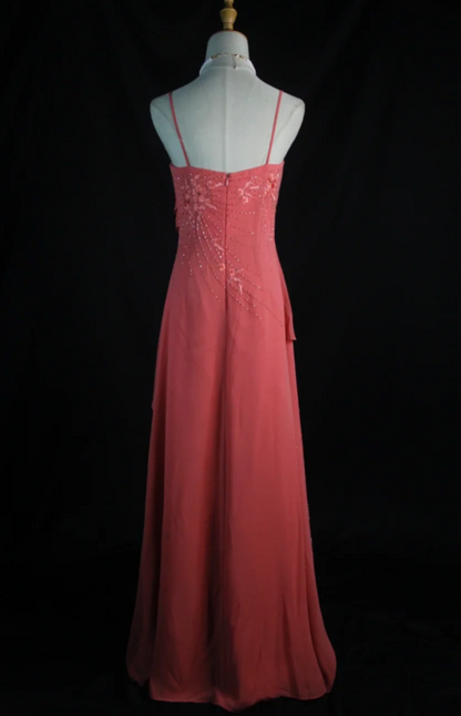 Vintage Wetermelon Sheath Long Prom Dress Chiffon Beaded Spaghetti Straps Evening Dresses Sleeveless Formal Dresses ED05939