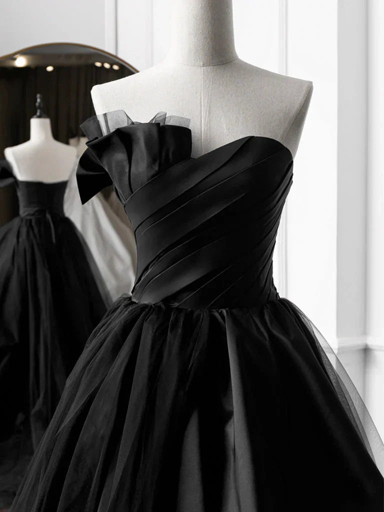 A-Line Satin Black Long Prom Dress, Black Long Evening Dress HZ1024