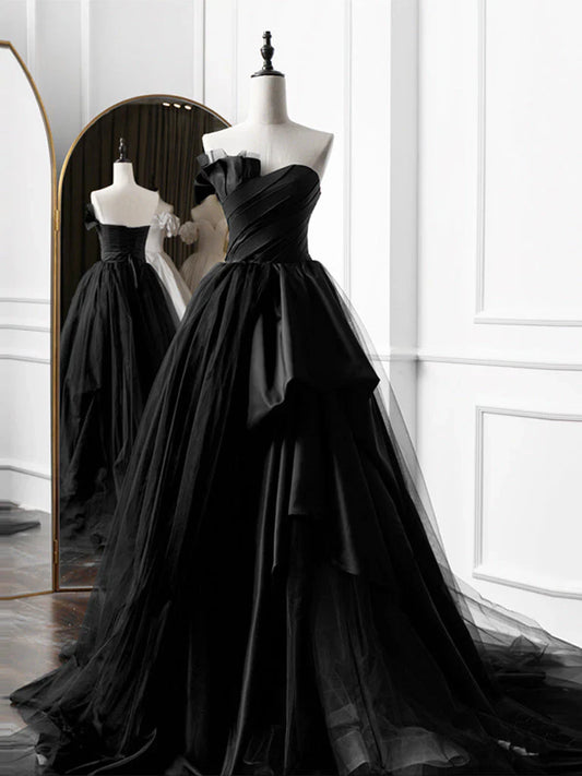 Simple A-Line Satin Black Long Prom Dress, Black Long Evening Dress ED0593
