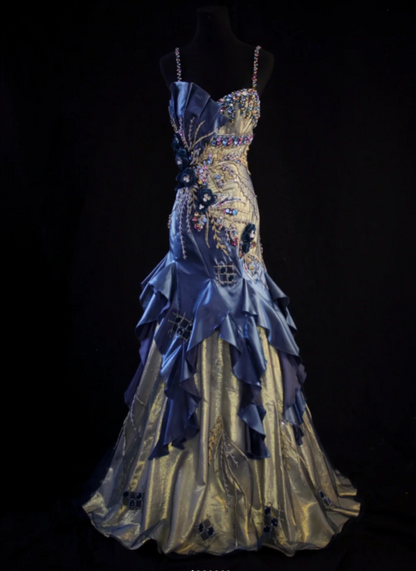 Vintage Blue Sheath Long Prom Dress Satin Beaded Spaghetti Straps Evening Dresses Sleeveless Formal Dresses ED05940