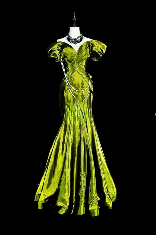 Chic Green Mermaid Long Prom Dress Satin Off-shoulder Evening Dresses Sleeveless Formal Dresses ED05941