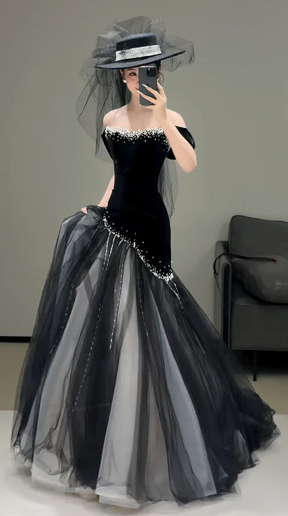Chic Black Mermaid Long Prom Dress Tulle Off-shoulder Evening Dresses Sleeveless Formal Dresses ED05942