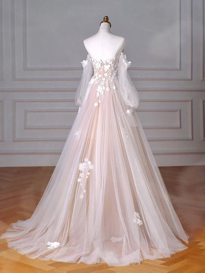 A-Line Long Sleeves Tulle Lace Champagne Long Prom Dress, Champagne Long Formal Dress ED0595
