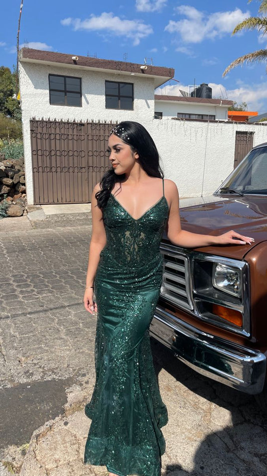 Elegant Dark Green Mermaid Long Prom Dresses Sequins Tulle Spaghetti Straps Evening Dresses  ED05950